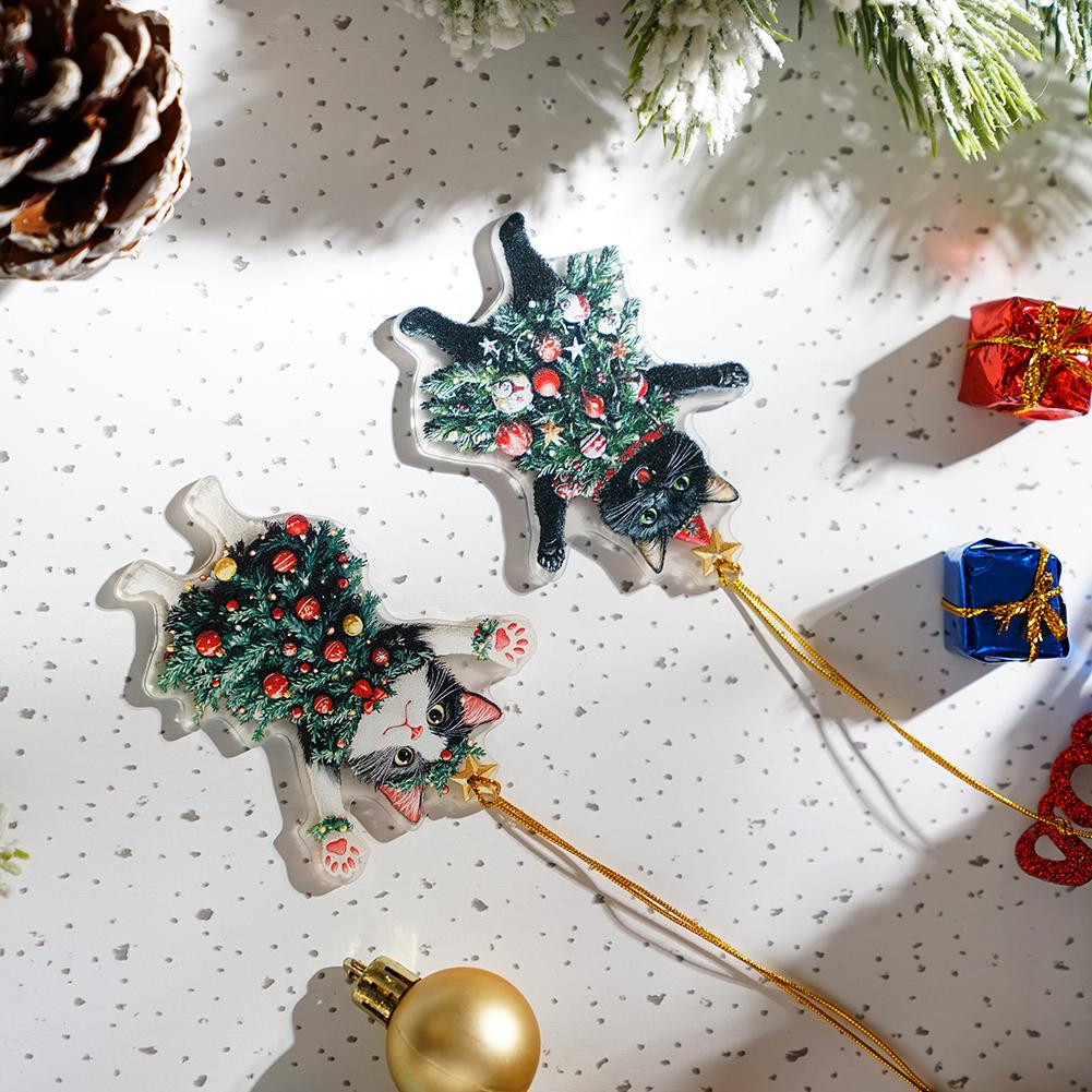 2D Christmas Tree Hanging Pendant Car Rearview Mirror Ornaments Acrylic Cat For Tree Decorations Party Supplies New Year Gifts