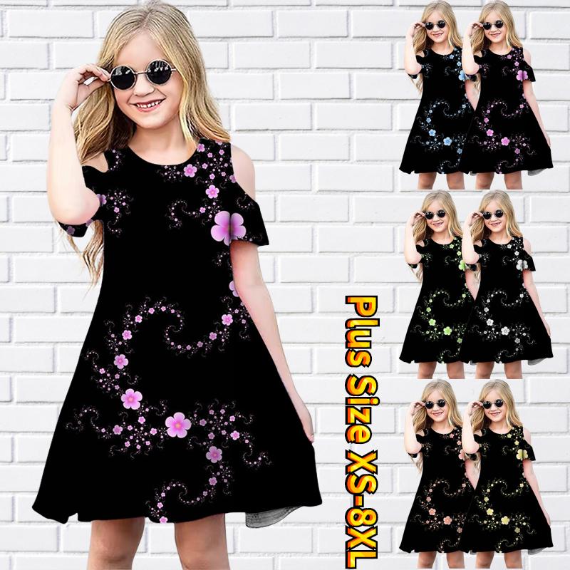 

Платья с розовым цветочным принтом для девочек, детское праздничное платье с открытыми плечами для девочек, платье принцессы, платье с короткими рукавами для девочек старше 4 лет