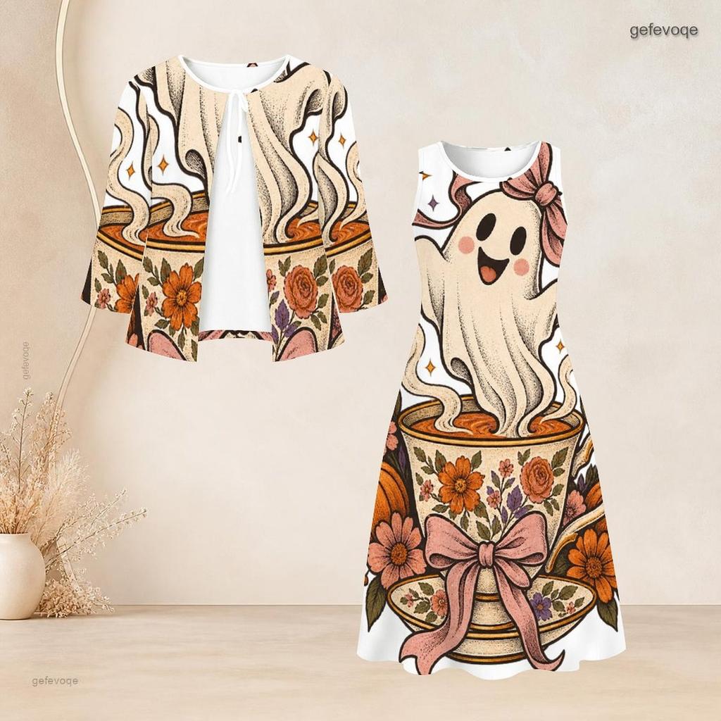 Women Plus Size Two Piece Dress Set Tie Neck Three Quarter Sleeve Cardigan Sleeveless Long Dress Halloween Ghost Pumpkin Printed White