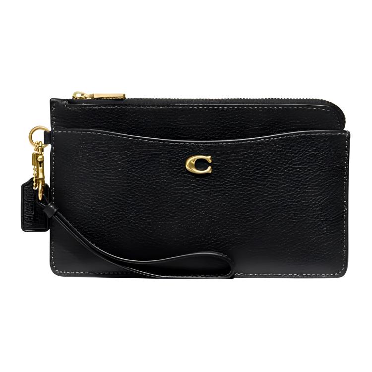 Coach L-Zip 20 Solid Color Double-Sided Zipper Leather Wristlet Small Women Wristlet Black C8434-B4BK Basic Set (Bag+Dust Bag)