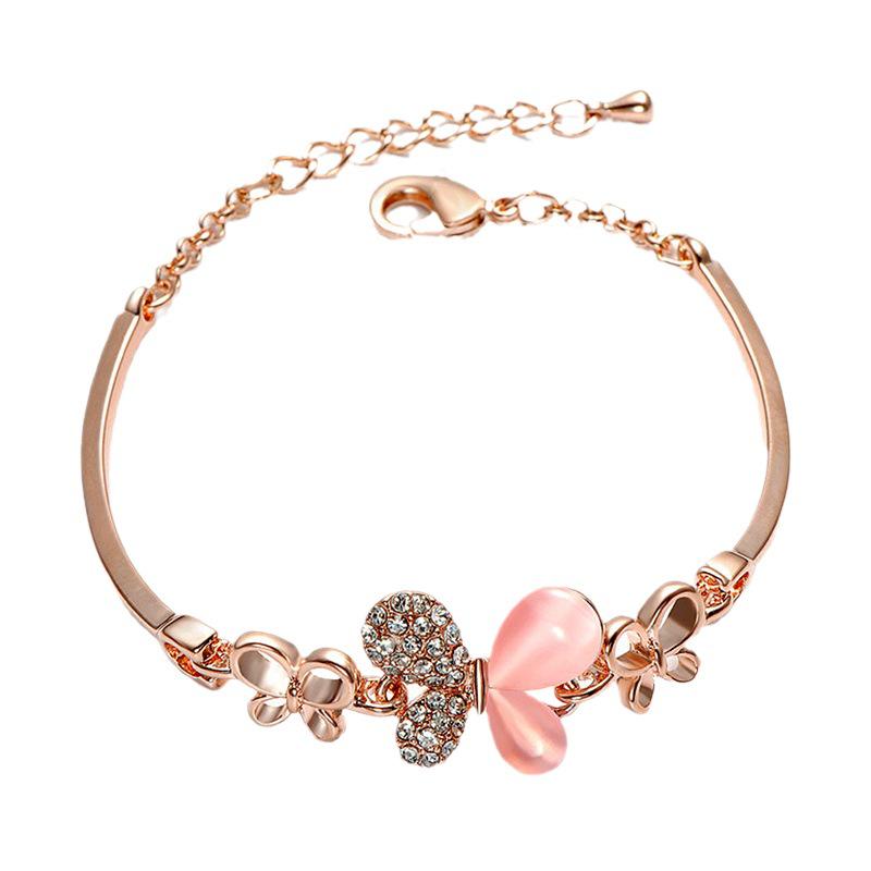 Korean Pink Butterfly Gold-Plated Bracelet: Women's Stylish Diamond-Set Bangle