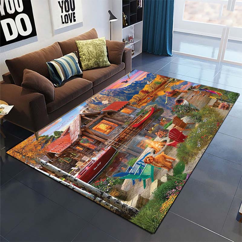 Lake House Flower Garden Area Rug, Scenery Decor Mat