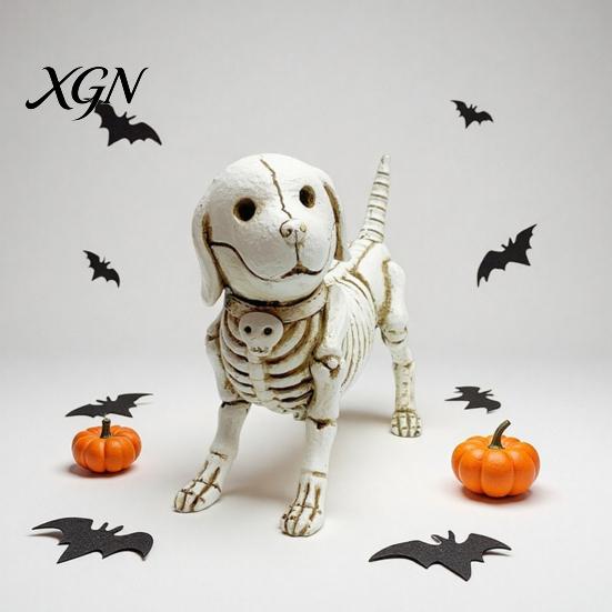 Weather Resistant Garden Statues Skull Puppy Resin Figurine, Halloween Retro Skeleton Dog Statue, Aged Sculptures Gothic Desktop Ornament for Bars And
