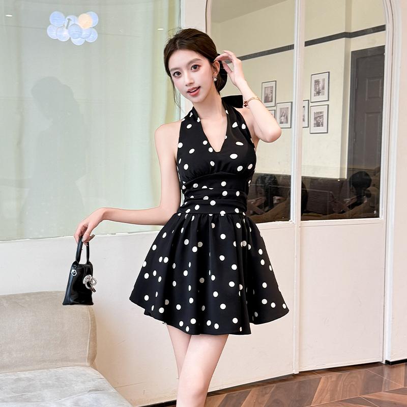 New French Style Elegant Women's Polka Dot Halter Neck Mini Dress with Back Bow Tie Sleeveless A Line Waist Casual Summer Party Summer Short Dress