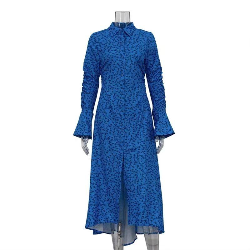 

Fashion Style Lapel Flare Sleeve Blue Floral Shirt Dress Fashion Dress Printed Shirt Skirt Blue S