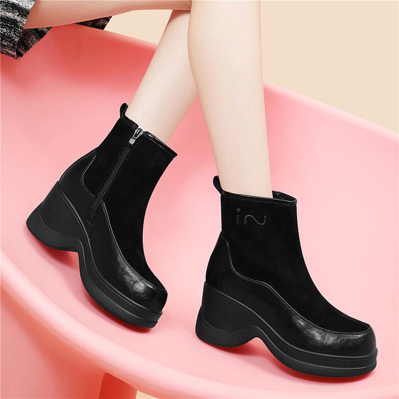 

Autumn and winter new thick heel medium heel short boots cotton shoes warm velvet boots heightened platform versatile women s shoes 34