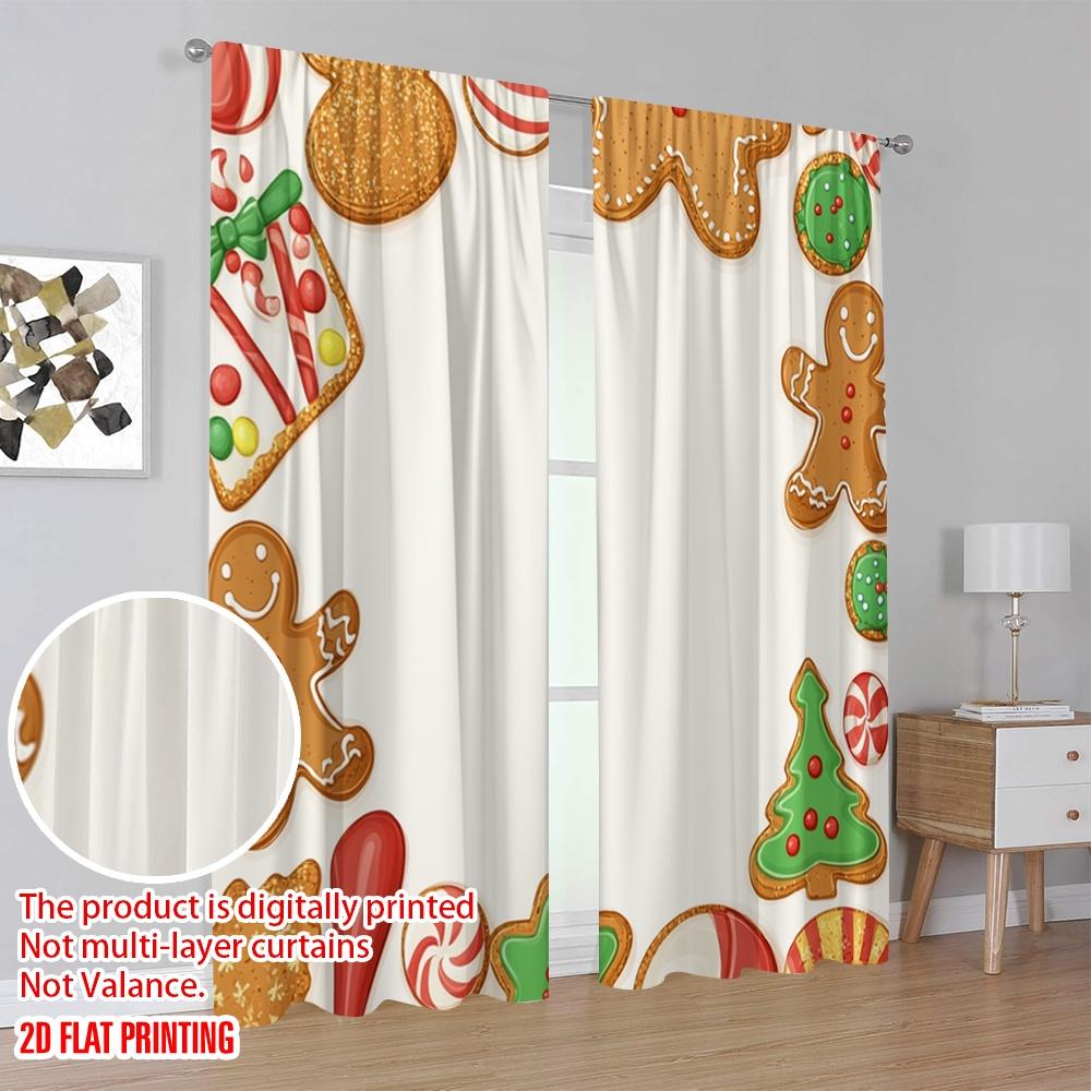 2pcs,2D Plane Printing Light Filtering Curtains Christmas Cookies Gingerbread Sweets (2) Polyester Woven (without Rod) Outdoor