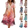 Women's Fashion Casual V Neck Short Sleeve Ruffled Vintage Printed Dresses
