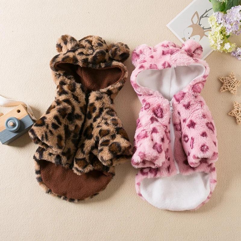 Warm Fleece Dog Hoodie Coat Winter Pet Clothes for Small Dogs French Bulldog Puppy Leopard Print Jacket Cozy Pet Costume Outfit