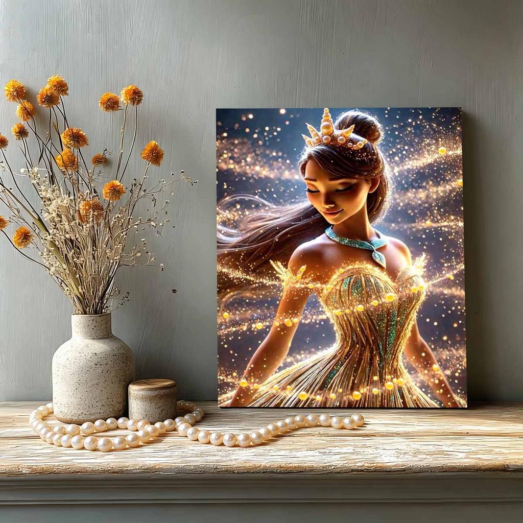 Disney Princess and The Frog Princess Tiana Golden Crown Pearl Painting Starlight Gold Glowing Dress Emerald Necklace Theme Unframed Art Painting