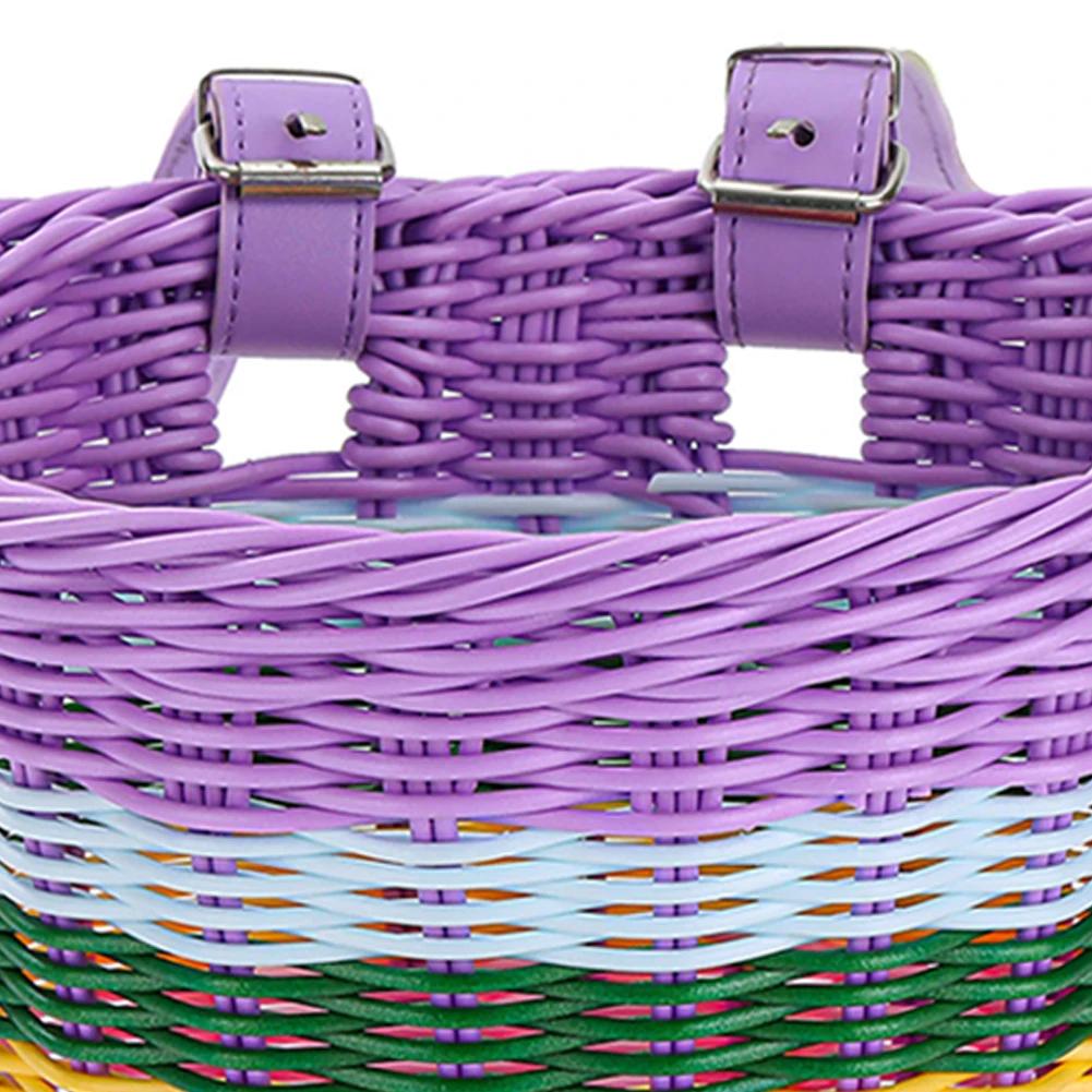 Bike Front Basket Handlebar Cycling Hand-Woven Rattan Pannier Container with Bell Tassel Stickers Bicycle Waterproof Basket Bag