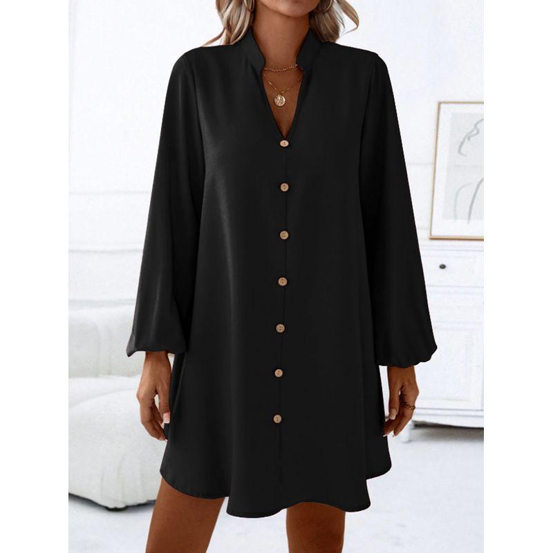 

Export Fashion Spring & Fall New Arrival Cross-Border Pure Color V-neck Single Breasted Loose A- line Long Sleeve Shirt Dress Dress Black S