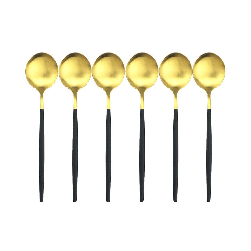 

Набір столових ложок з рожевого золота, 6 предметів. Матова ложка для супу з нержавіючої сталі. Обідній набір. Ложка для кави. Ложка для торта. Ложка для салату. Набір столового посуду. чорний/золотий
