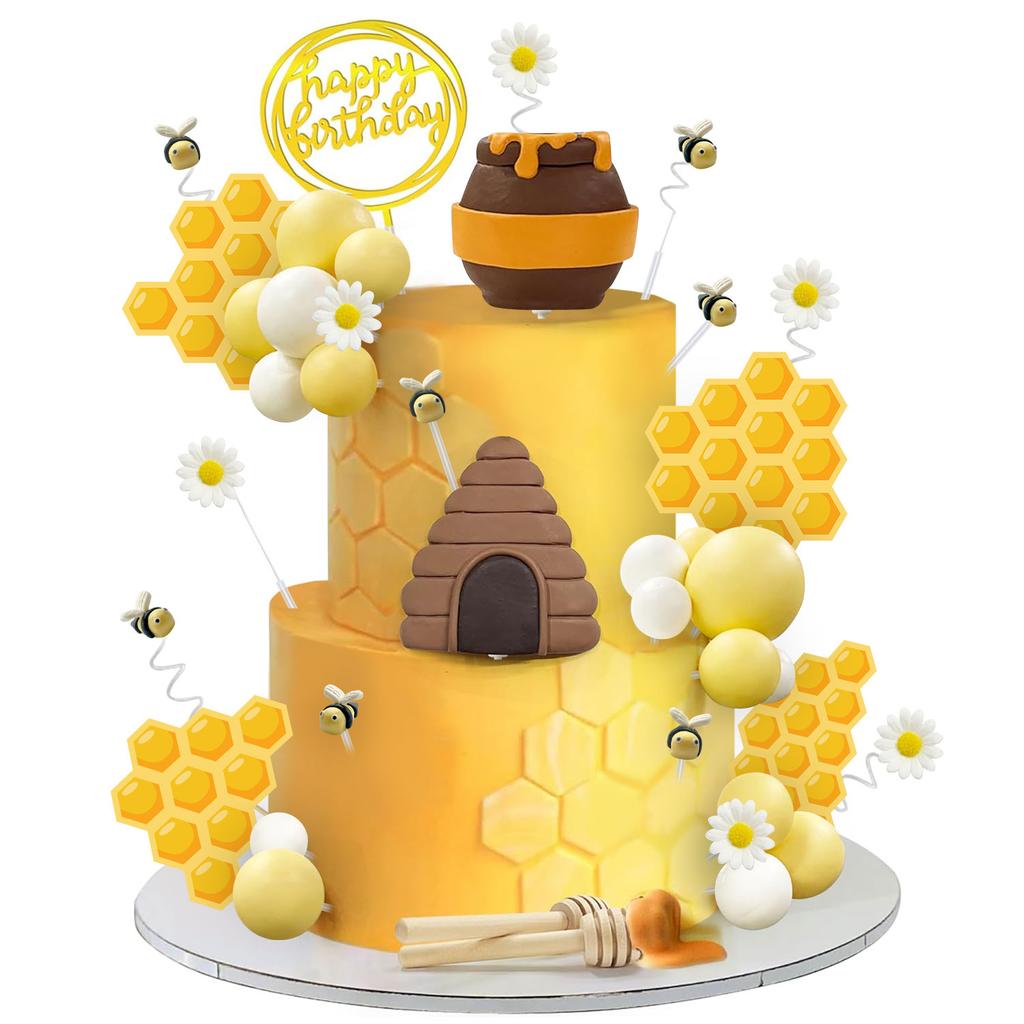 Bee Cake Toppers Honey Jar Cake Topper Honeycomb Cake Decorations for Baby Shower Bee Theme Birthday Party Decoration Supplies