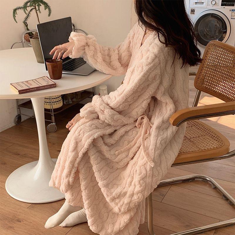 Woman Winter Loungewear Thick Fleece Robe Girls Long Warm Homewear Women Solid Soft Bathrobe Teen Comfortable Home Clothes Lady