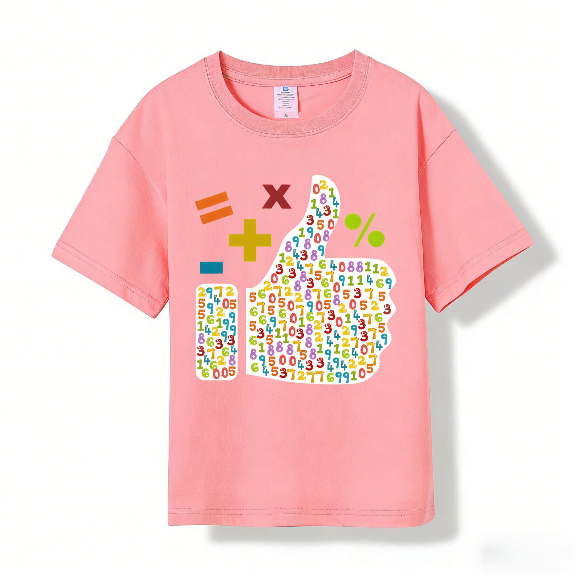 Children s Cartoon Math Print Cotton T-Shirt - Short Sleeved, 180g 140cm