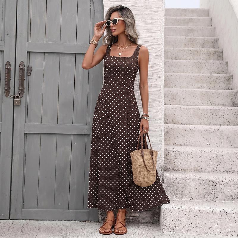 European and American summer new ethnic tribal square collar polka dot sleeveless suspender dress women s clothing S