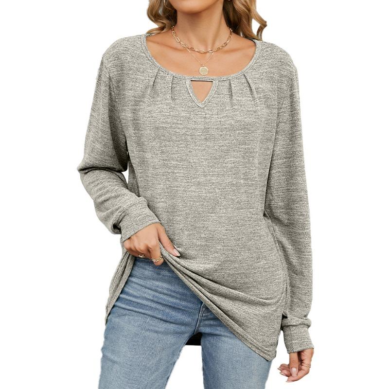 Autumn Winter Solid Color Wrinkled Brushed Hollow Loose Long Sleeved T-shirt for Women Shirt