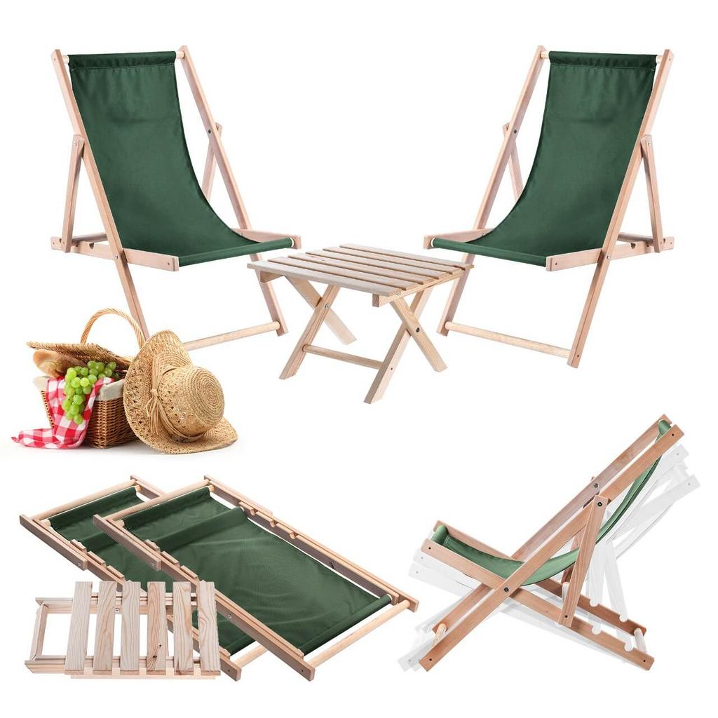 KADAX Set Couchtisch für Liegestühle Natur + 2 Holzliegen