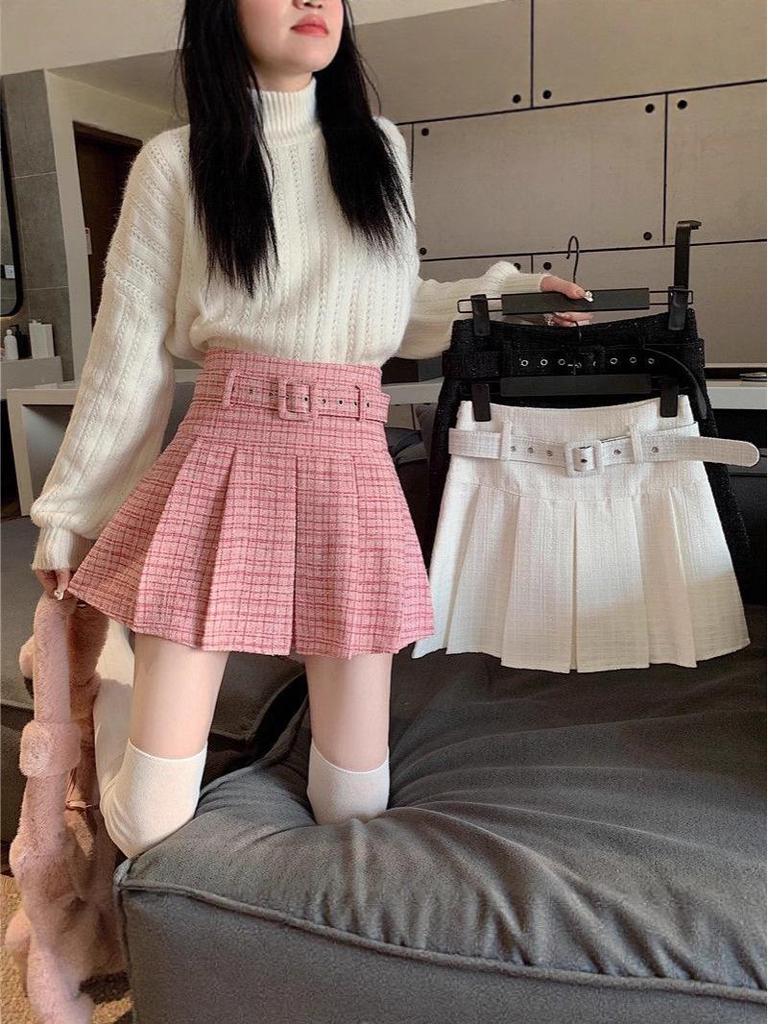 Women's High-Waisted Pleated A-Line Midi Skirt with Belt - Retro Style for All Seasons