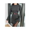 Number 10 Fashion Women's Anthracite Crew Neck Flared Mini Ribbed Winter Knitwear Dress 10nmr2966