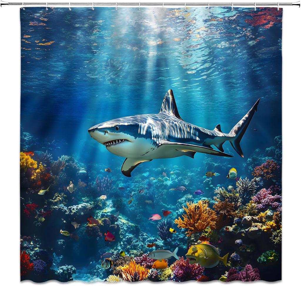 Shark Shower Curtain Ocean Underwater World Colorful Coral Tropical Fish Deep Sea Marine Life Bathroom Curtain Set with Hooks
