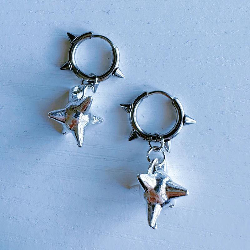 Punk Sliver Color Stainless Steel Hollowed-out Five-pointed Star Rivets Spike Ball Pendant Hoop Earrings for Women Men Jewelry