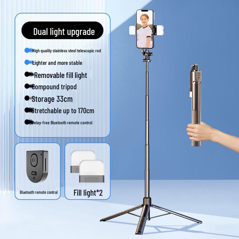Bluetooth Selfie Stick with Integrated Beauty Fill Light, Remote Control, and Live Streaming Desktop Tripod