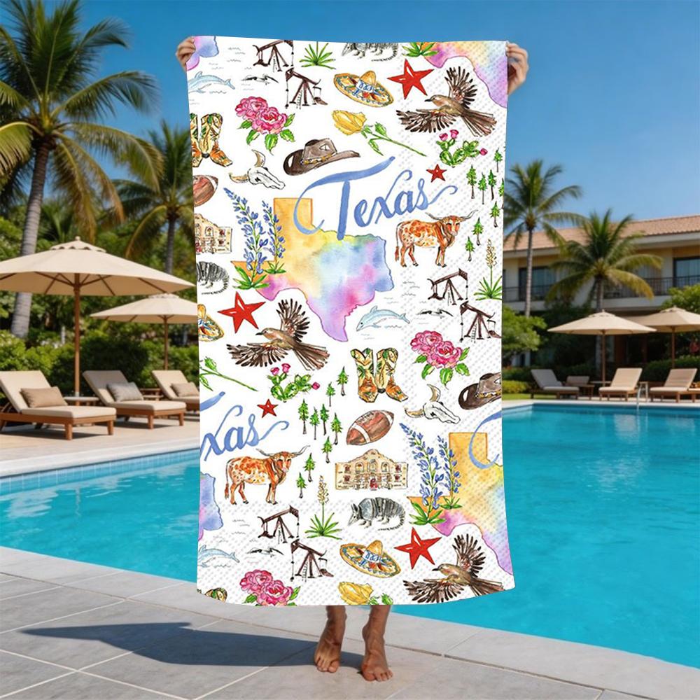 Watercolor Texas Western Cowboy Element Print Beach Towel Sand Proof Pool Towel Summer Swim Outdoor Picnic Gym Camping Travel