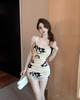 Sexy mesh printing hip-wrapped suspender off-the-shoulder celebrity temperament store cross-backing waist and thin dress