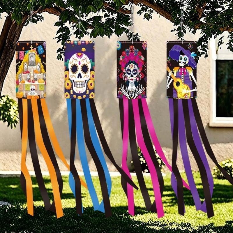 Polyester Skull Windsock Halloween Hanging Decoration with Long Ribbons for Fence Porch, Yard, Garden, or Halloween Party Entry