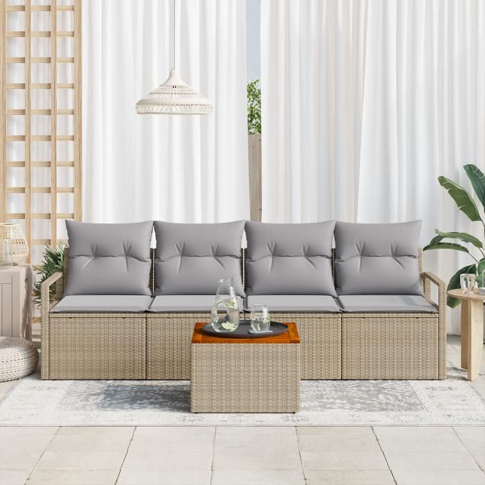 Set de Canapé de Jardin 5 Pièces avec Coussins Beige Poly Rattan Acacia, Canapé de Jardin 2 Places avec Coussins Beige Poly 3347637