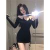 Fashionable black sexy off-shoulder long-sleeve dress for women, new spring slimming versatile pencil skirt