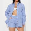 Lapel Long Sleeve Single Breasted Button Blue Stripe Shorts Set Blue Striped Shorts Set