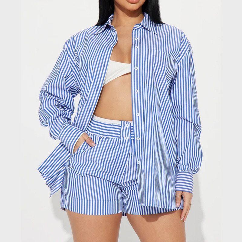 

Lapel Long sleeve Single Breasted Button Blue Stripe Shorts Set Blue Striped Shorts Set Blue XXL