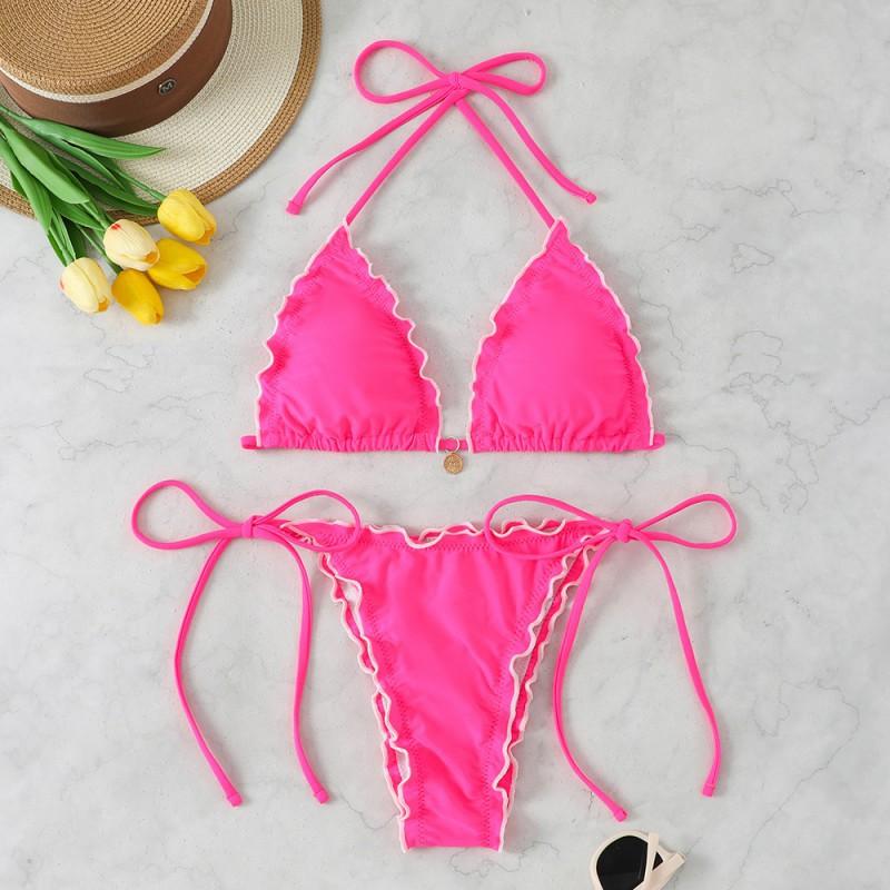 Split Neck Gathered Lace Bikini Swimsuit Women Sexy