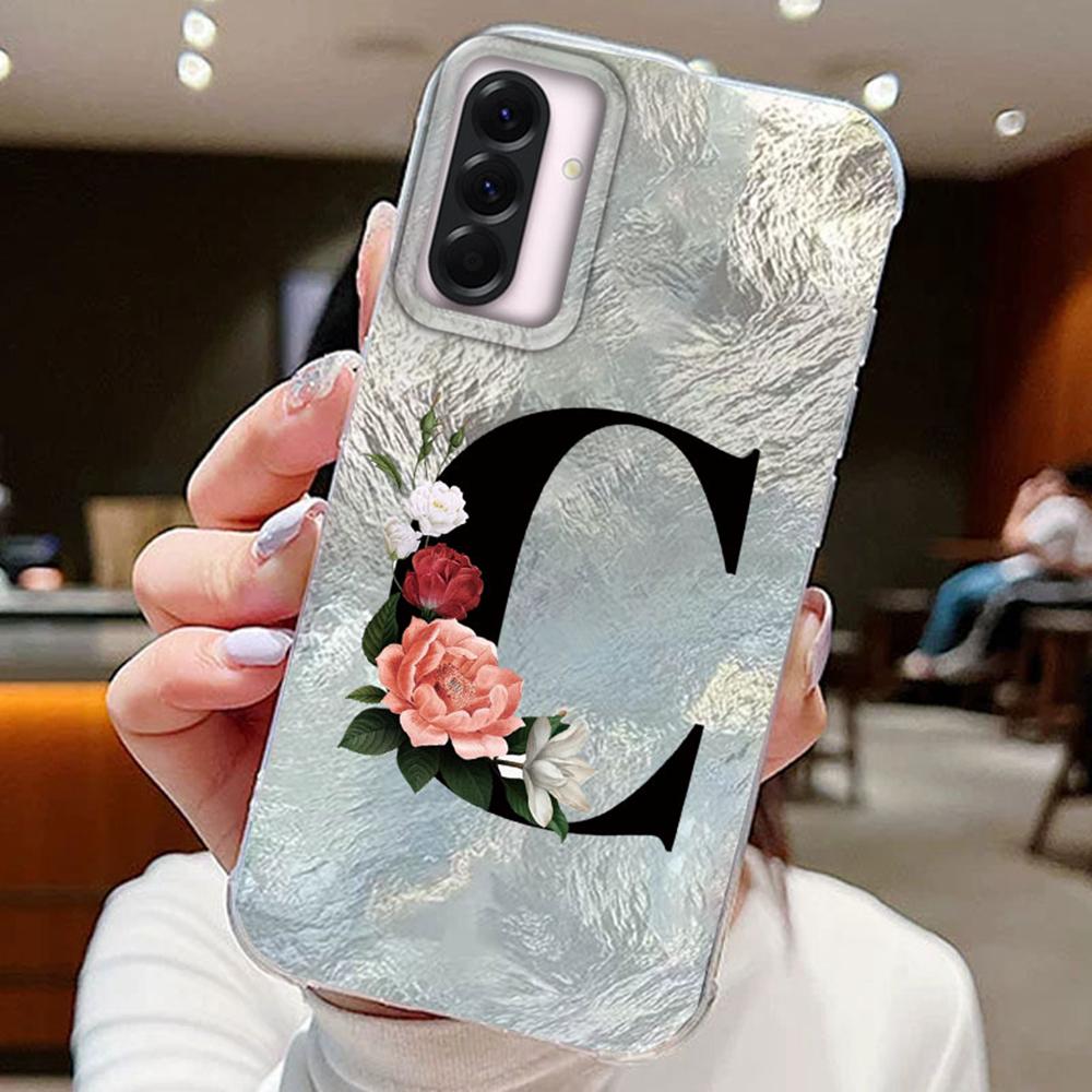 Black A-Z Letter Flower Laser Gradient For Samsung Galaxy A16 A36 A56 Phone Cases Cover Silicone Clear Soft Protect Back Bumper Hard PC Back Cover