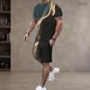 Men s Plus Size Colorful Swirl Printed Round Neck Short Sleeve T Shirt And Shorts Two Piece Set