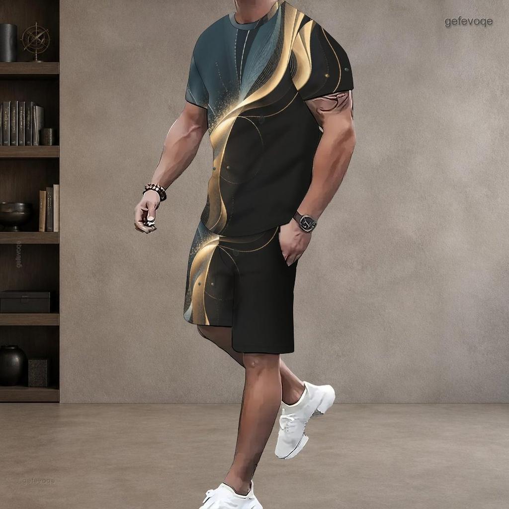 Men s Plus Size Colorful Swirl Printed Round Neck Short Sleeve T Shirt And Shorts Two Piece Set