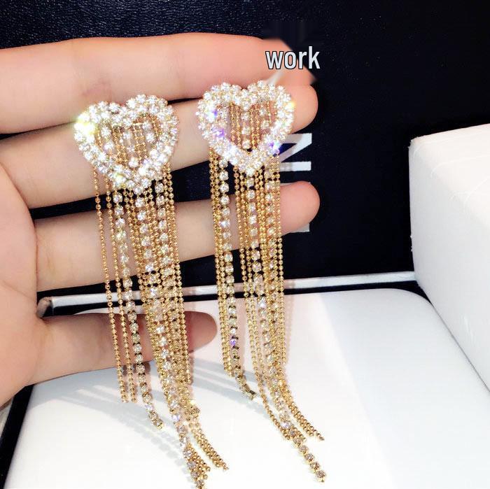 

Rhinestone Heart Tassel Earrings - 2021 Korean Trend, Versatile Net Red Dangle for Women золотой