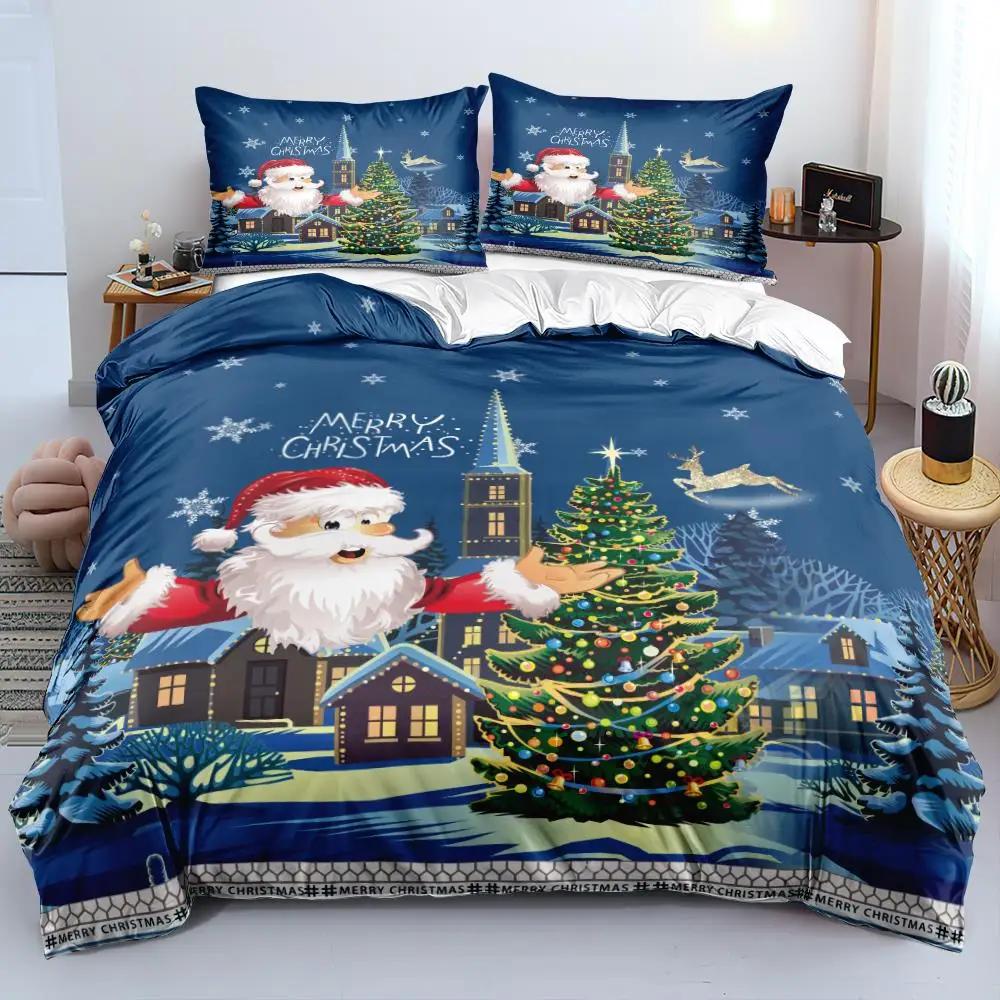 3D Christmas King Queen Duvet Cover Set Kids Cartoon Merry Christmas Red Quilt Cover 2/3pcs Polyester Beddings Set Single Double