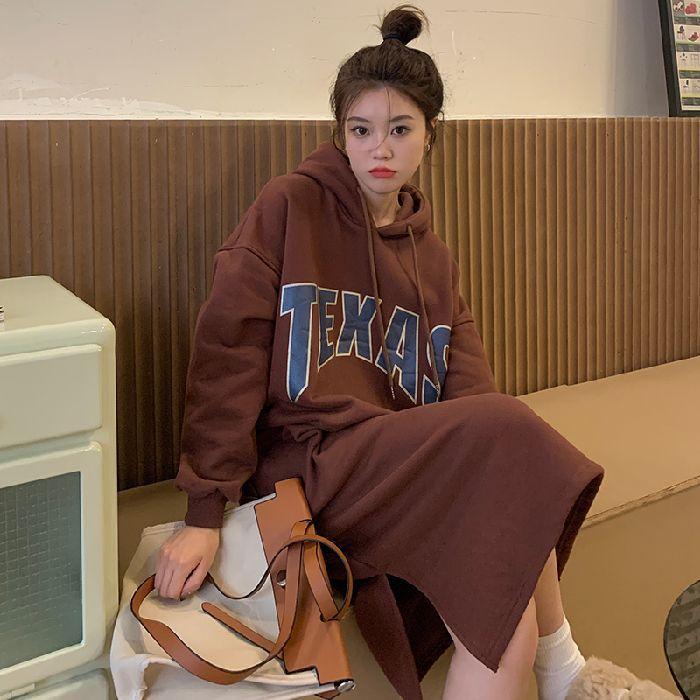 Последняя Осенне-Зимняя Мода для Полных Женщин Ленивый Стиль Удобная Посадка и Стройнящий Эффект Плюс Бархат Толстовка-Платье с Капюшоном Длинная До Колен для Женщин One size