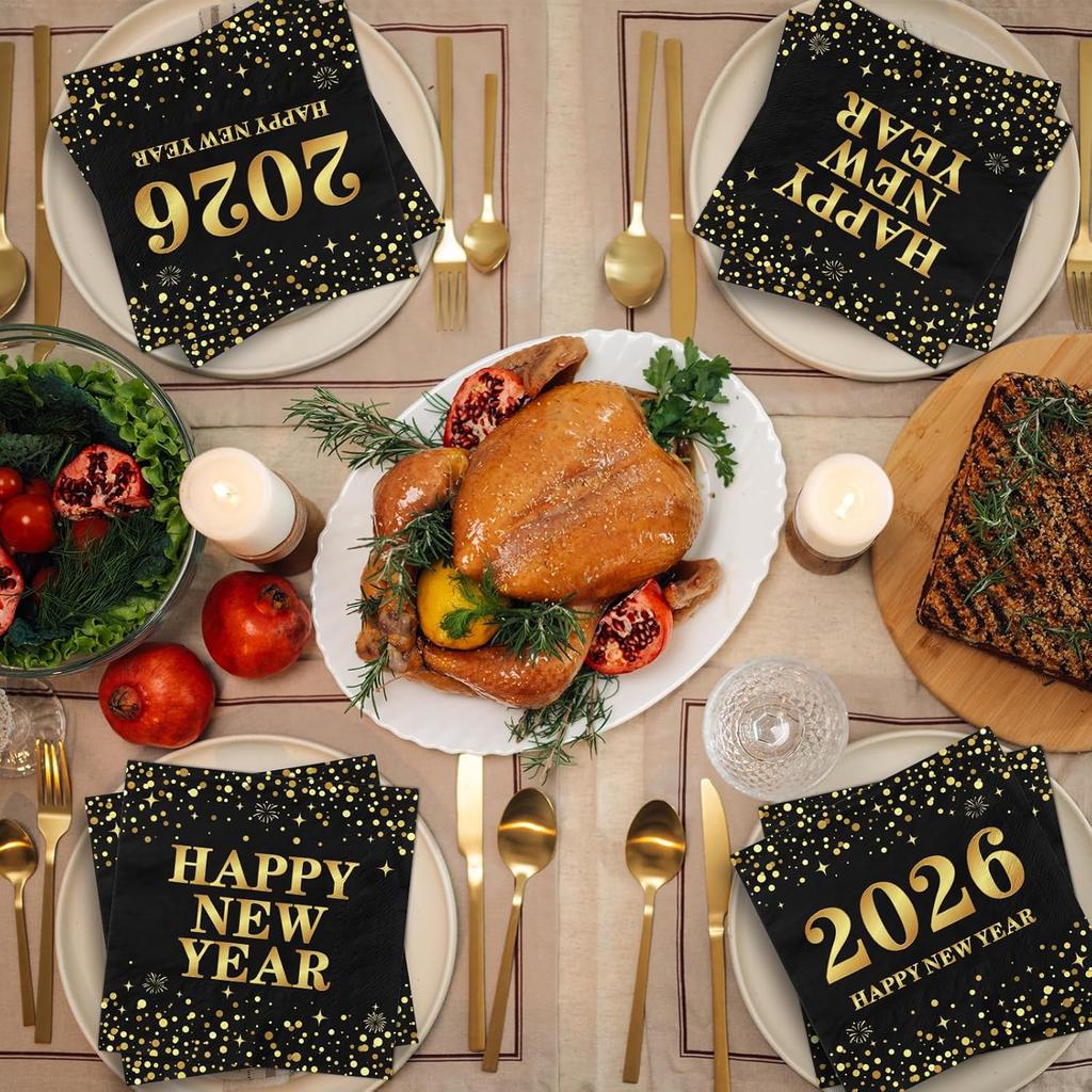 48Pcs Black and Gold New Years Napk Paper, Polka Dot New Years Eve Party Supplies 2026 Black and Gold Napk Nye Decorations for Holiday Birthday