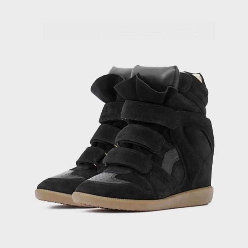 Damen Leder High Top Sneaker mit Klettverschluss Lässige Sportschuhe Innenerhöhung 8CM Herbst Neuer Stil Runde Zehenpartie Gummisohle