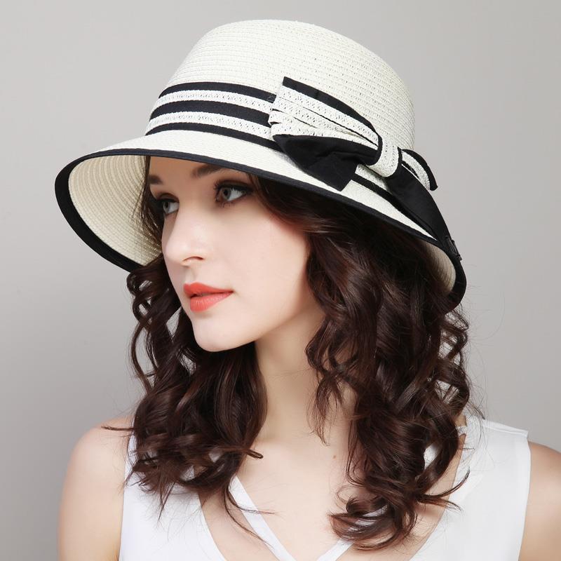 WTEMPO Casual Versatile Elegant Stylish Straw Sun Hats Summer Stylish Women's Wide Brim Beach Hats with Striped Bow