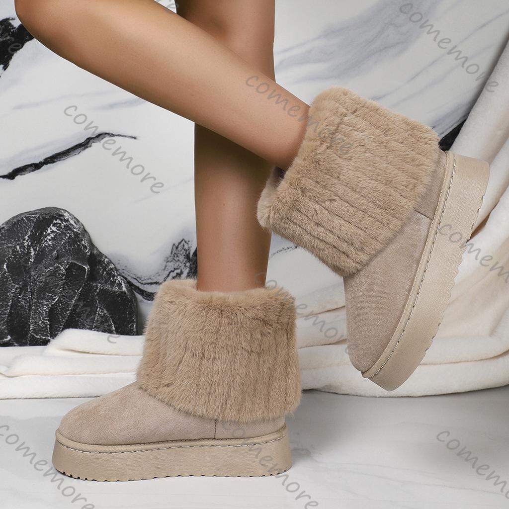Fashion Comemore Women Round Toe Warm Thickened Plush Winter Beige Snow Boots Thick Sole Casual Comfortable Solid Colour Fur Short Boots