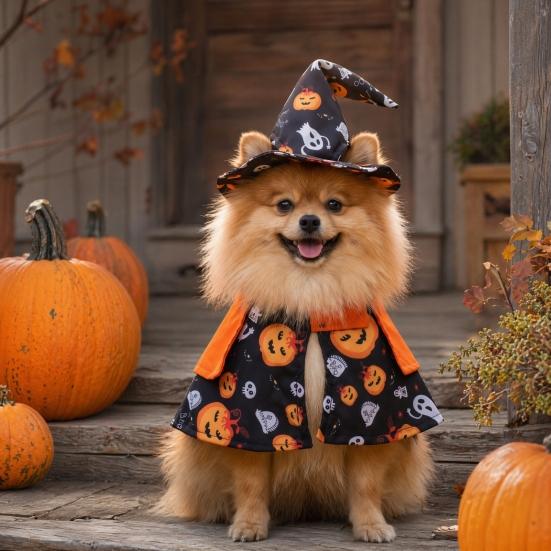 Jijijing 1 Set Halloween Pet Costume, Adjustable Wizard Hat And Cape, Cute Pumpkin Ghost Prints, Fun Outfit for Small Dogs Cats Festive Apparel