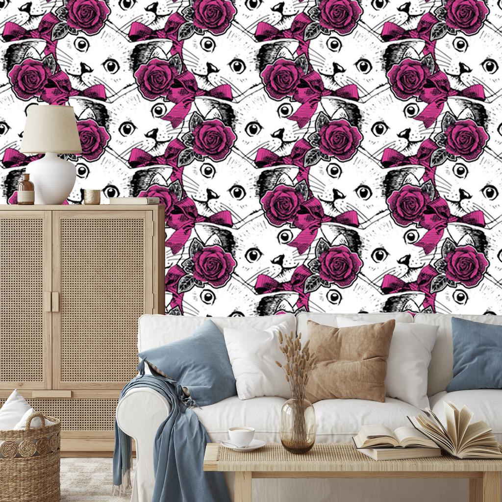 Cats and Roses Wallpaper for Living Room and Bedroom 50x1000