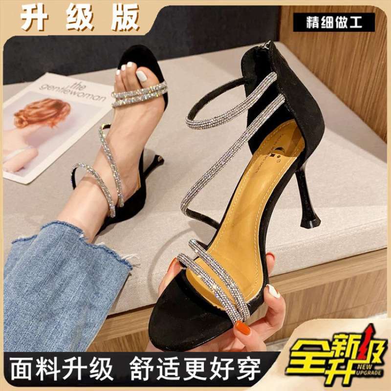 2025 new high-heeled sandals women's summer fashion outer wear leopard print word with rhinestone open-toed Roman sandals women's fine heels