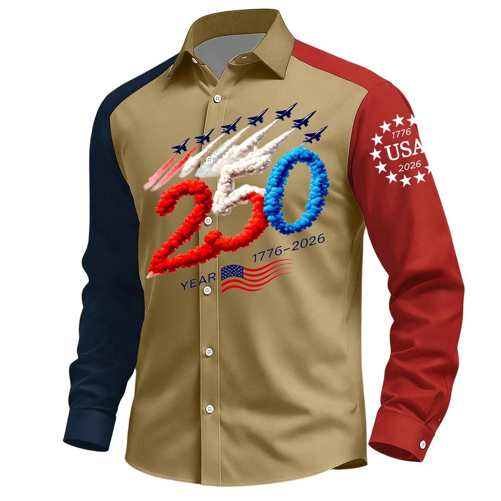 Men's Casual Independence Day Printed Lasel Button Long Sleeve Shirt